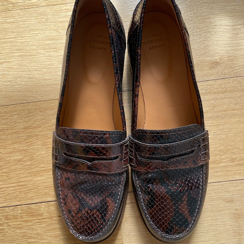 Sezane André Brown Python Leather Loafers